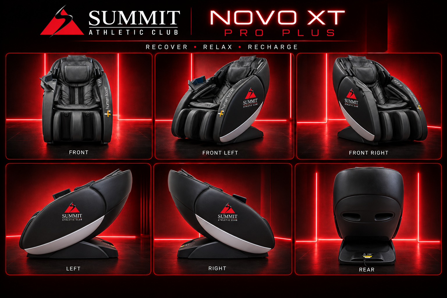 Novo XT Pro Plus massage chair shown from six angles: front, front left, front right, left, right, and rear, with Summit Athletic Club branding