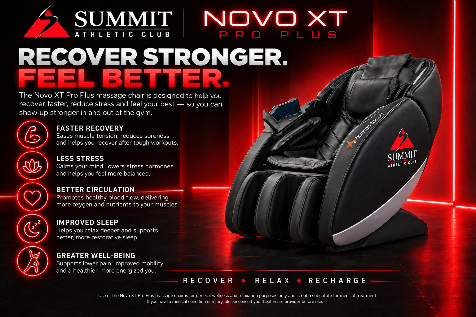 Novo XT Pro Plus massage chair one-pager showing faster recovery, less stress, better circulation, improved sleep, and greater well-being