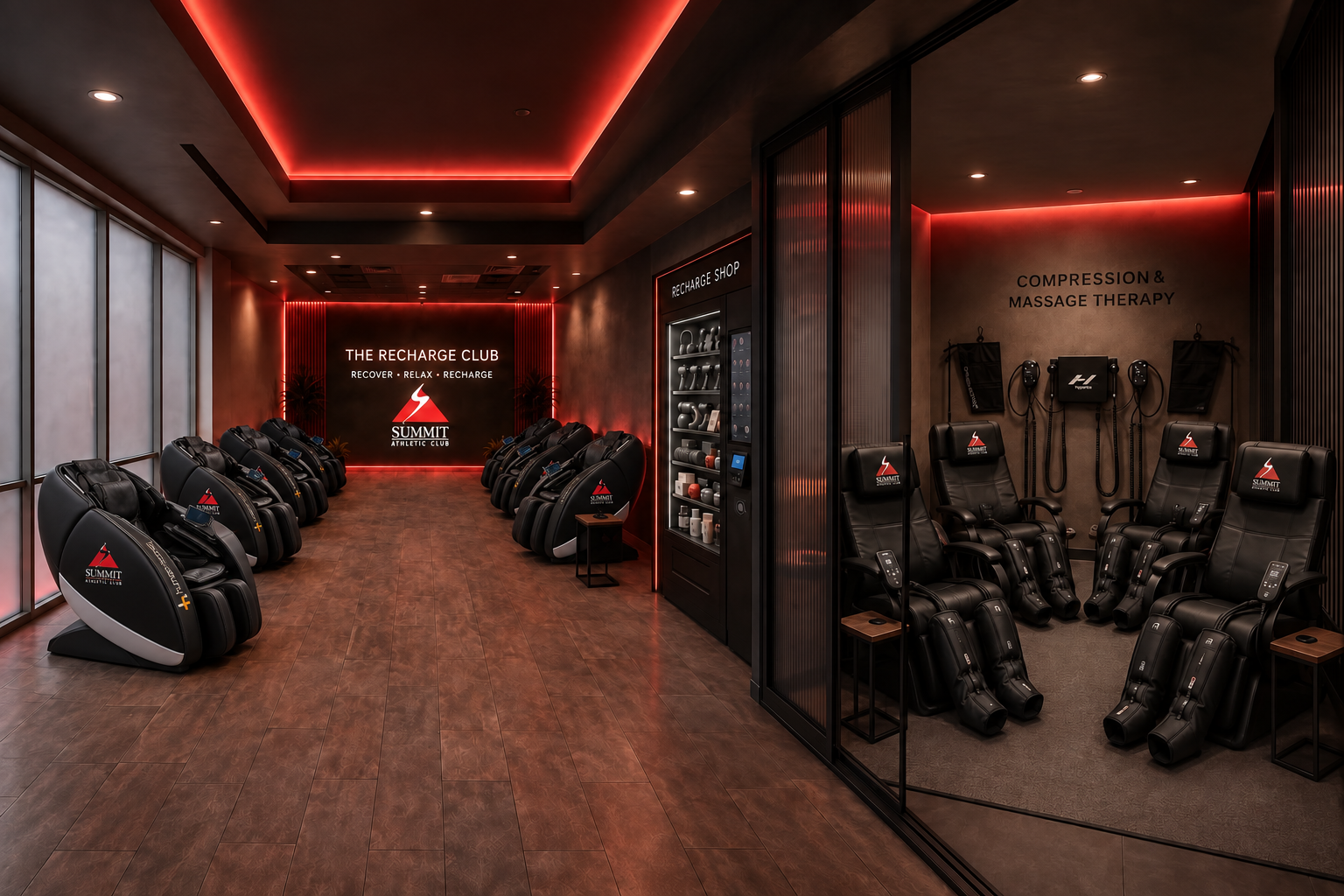 Recovery suite interior with massage chairs, compression therapy stations, and recharge shop